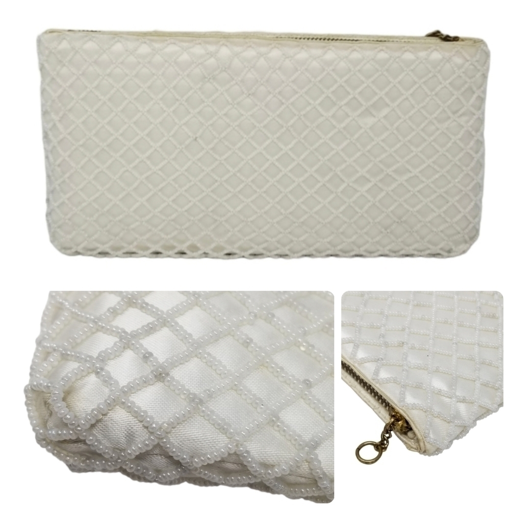 Wedding Clutch Bridal Vintage Zipper Seed Bead Handmade Diamond Overlay White